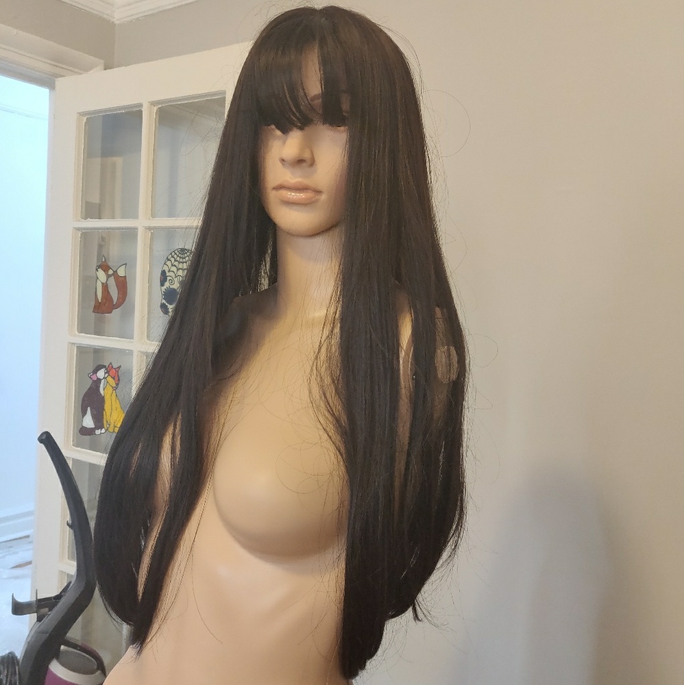 Long black wig with bangs